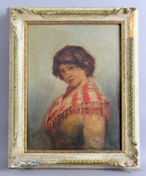 Ritratto di donna, olio su tela, cm. 40x30, firmato A. De Lisio, entro cornice.
