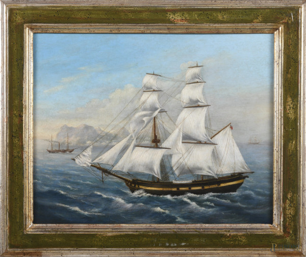 Veliero, XIX-XX secolo, olio su tela, cm 53x65, entro cornice, (segni di usura, craquelure)