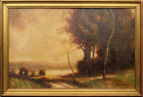 Paesaggio con alberi, olio su tela riportata su cartone, cm 35x54, firmato, entro cornice.