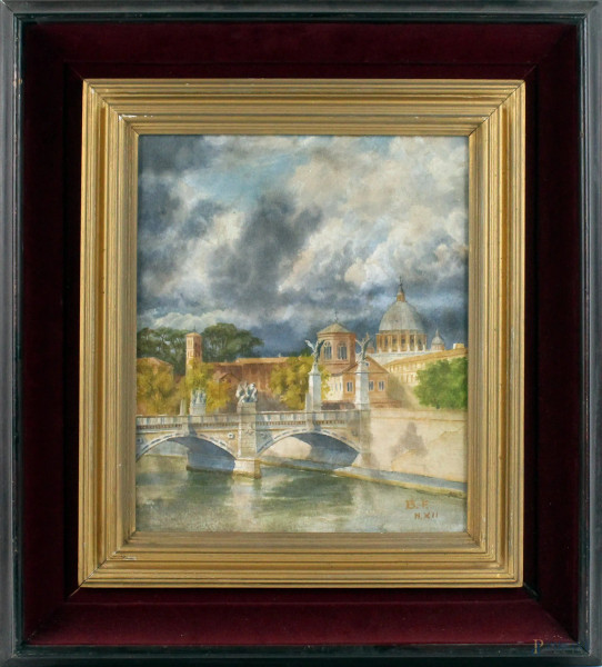 Il Tevere all&#39;altezza di Ponte Vittorio Emanuele II, acquarello su carta, cm. 32,5x27, siglato e datato, entro cornice.