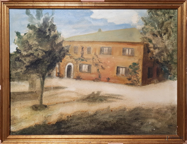 Artista post macchiaiolo del XX sec., Paesaggio rurale con casale e albero, olio su tela, cm 60x80, con cornice