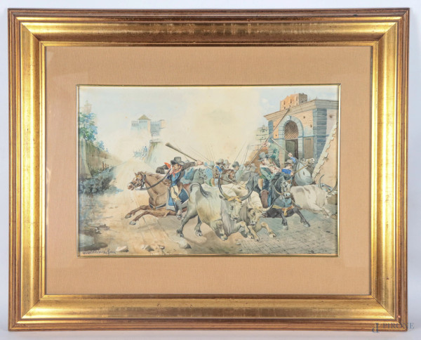 Guerrino Guardabassi (1841-1893), Butteri con bufale, acquerello su carta, cm 48x63 compreso passepartout, firmato e iscritto 