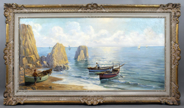 Marina con imbarcazioni, olio su tela, cm. 60x120, firmato, entro cornice.