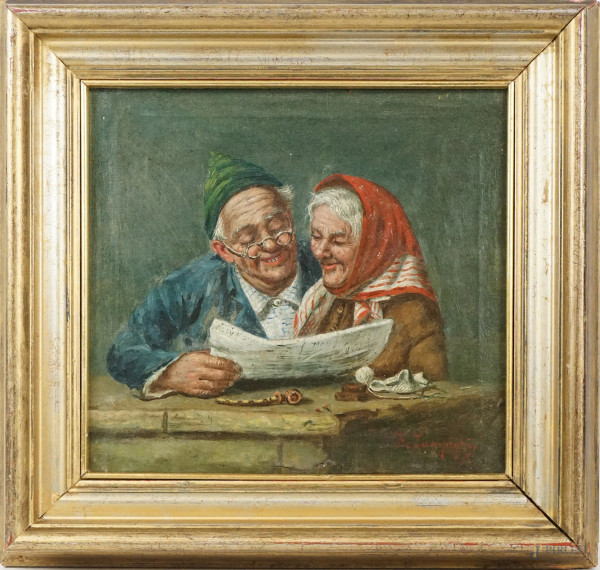 Anziani in lettura, olio su tela, cm 23x24, firmato, entro cornice.