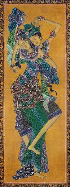 Maestro dell&#39;arte asiatica, Danzatrici, dipinto a colori vegetali su tela applicata su faesite raffigurante, cm. 30x70, anni &#39;50.