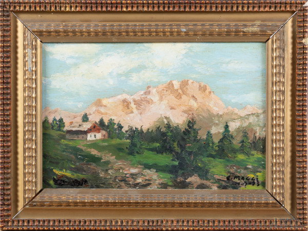 Paesaggio montano, XX secolo, olio su tavoletta, cm 21x31,5, firmati in basso a destra, entro cornice, (segni di usura, fori di tarlo)