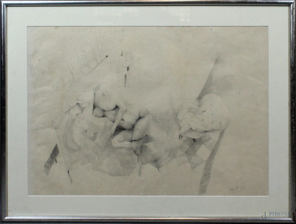 Nudo femminile, matita su carta, cm. 46,5x65,5, a firma Attardi, entro cornice