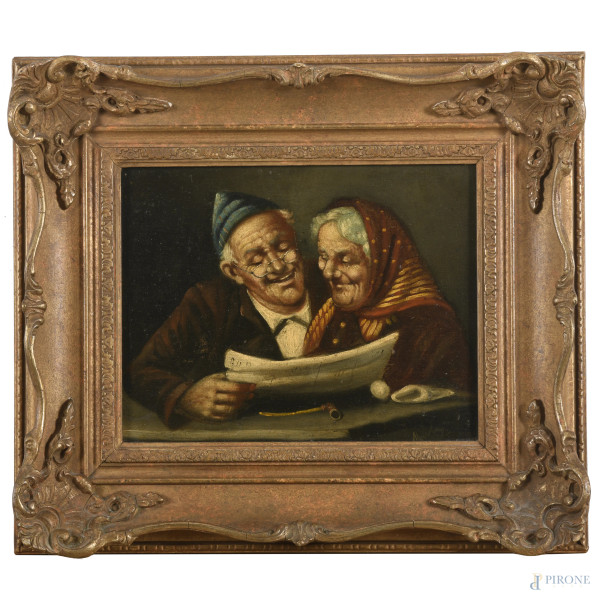 Coppia di anziani, XX secolo, olio su tela, cm 20,5x26, firmato in basso a destra, entro cornice, (lievi segni di usura)
