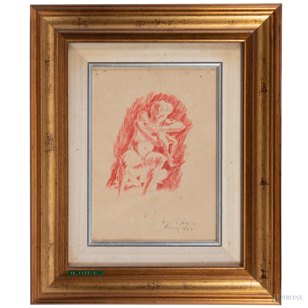 Pericle Fazzini (1913 - 1987), Maternità, disegno ad inchiostro su carta, cm 30x22, firmato e datato "Roma 1944) in basso, entro cornice (tracce di umidità, ondulazioni, segni di usura)