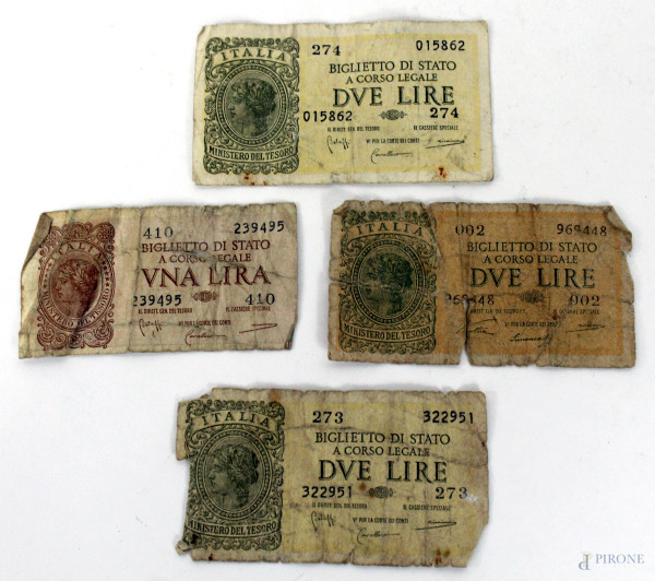 Lotto di quattro banconote: un taglio da una lira, tre tagli da due lire, Italia, 1944, condizioni diverse
