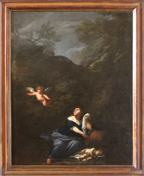 Scuola bolognese del XVII secolo, Agar e Sara, olio su tela, cm 80 x 64, entro cornice.