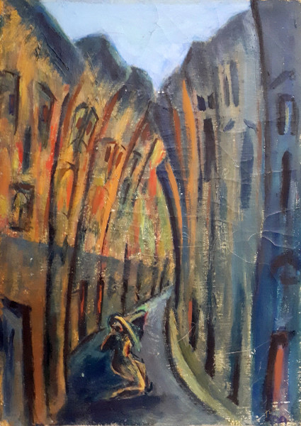 Aileen Armellini (XX sec.), Incubo della citt&#224;, 1961, “...l’opera raffigura le intense emozioni interiori del dolore umano che, come nell’URLO di Munch, suo maestro ispiratore, e grazie alla forza espressiva del dipinto riesce a rappresentare il profondo turbamento che dimora dentro al nostro animo e ci fa sentire il grido disperato che riporta alla mente i nostri incubi peggiori...”, olio su tela, cm 35x25, siglato in basso a destra, firma al retro sul telaio