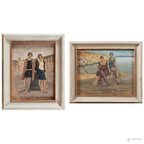 Lotto di due dipinti raffiguranti coppie di donne, XX secolo, olio su tela, misure massime cm 20x24, entro cornice, (lievi segni di usura, abrasioni)