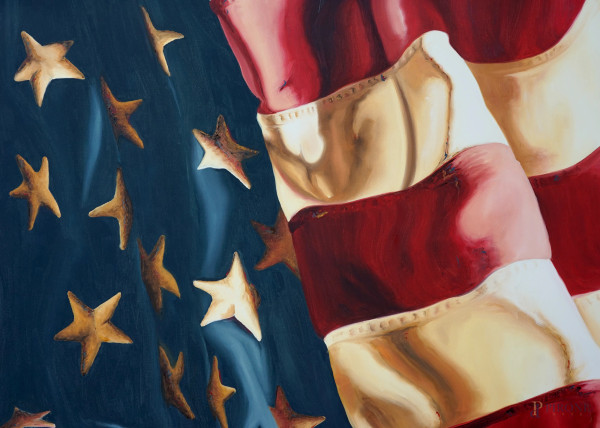 Bandiera americana, olio su tela, firmato in basso a destra Schmidt, cm 91x121