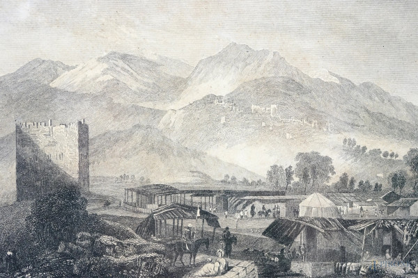 Lotto di tre stampe di epoche diverse raffiguranti vedute, misure max cm 21x29, entro cornici, (d...