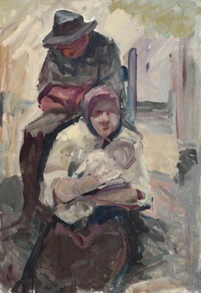 Edoardo Krumm (1916-1993), Maternità, tecnica mista su tela, cm 100x70, firmato al retro
