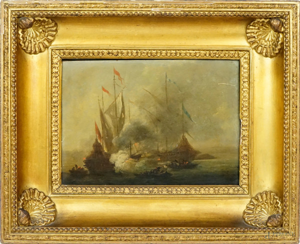 Pittore olandese del XVIII-XIX secolo, Battaglia navale, olio su tavola, cm 21x29,5