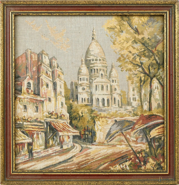 Ricamo raffigurante Cattedrale di Montmartre, cm 23,5x22,5 circa, metà XX secolo, entro cornice.