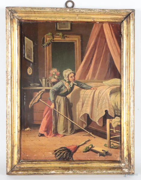 La domestica, XIX secolo, olio su tela, cm 29x2, entro cornice, (segni di usura, difetti)