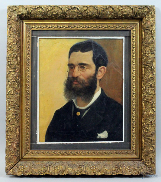 Ritratto di uomo con barba, olio su tela applicato su cartone, cm. 50x5x40,5, XIX secolo, entro cornice.