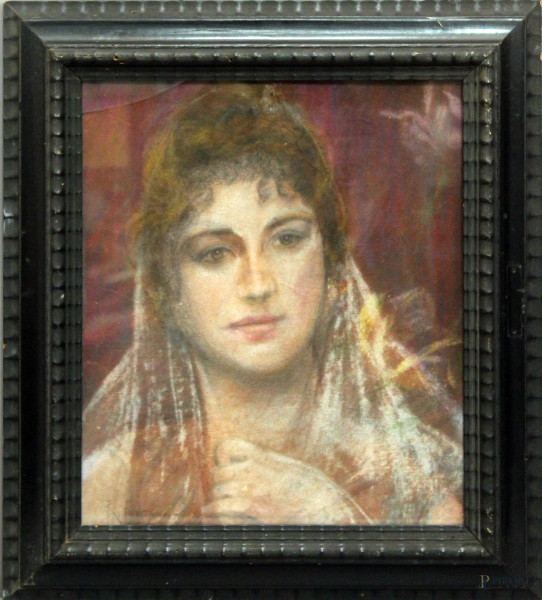 Ritratto di donna, pastello su carta, 32x28 cm, entro cornice