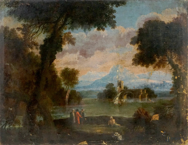Scuola romana del XVII-XVIII secolo, Paesaggio fluviale con ponte e figure, olio su tela cm 73x97, (difetti alla tela)