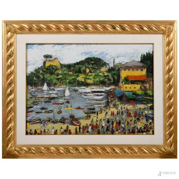 Michele Cascella (1892 – 1989), Incontrarsi a Portofino, 1984, serigrafia e litografia a 32 passaggi, 133/300,  cm 50,5x70,5, firmato in basso, entro cornice