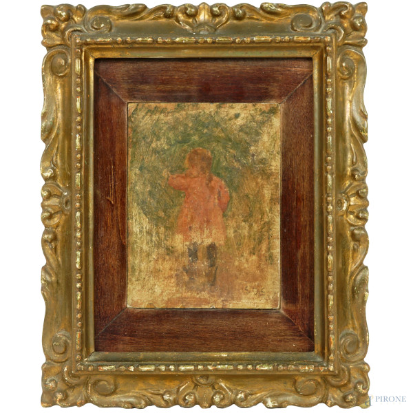 Bambina che piange, olio su cartone, cm 16x12, siglato in basso a destra, entro cornice