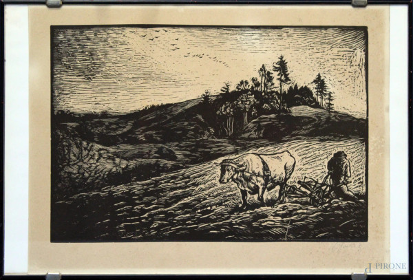 Paesaggio agreste, xilografia firmata, Praga, 1938, cm 40 x 30.