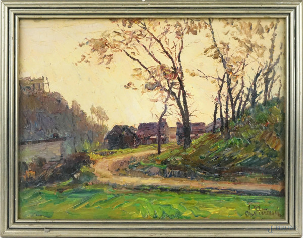 Luigi Petrassi - Paesaggio con alberi e case, olio su tavola, cm 27,5x37, entro cornice