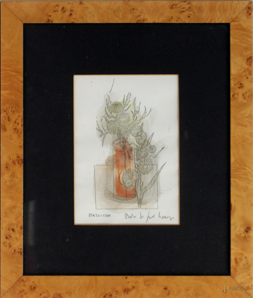 Paolo Da San Lorenzo - Vaso con fiori, tecnica mista su carta, cm. 14x20,entro cornice.