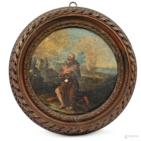 San Francesco da Paola, olio su tavola ad assetto tondo, diam cm 21, XIX secolo, entro cornice, (piccole cadute di colore)