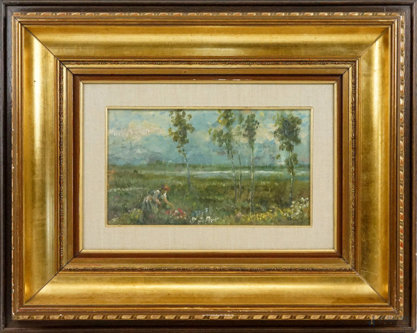 Carlo Vittori - Contadina, olio su cartone, cm 18x31, entro cornice