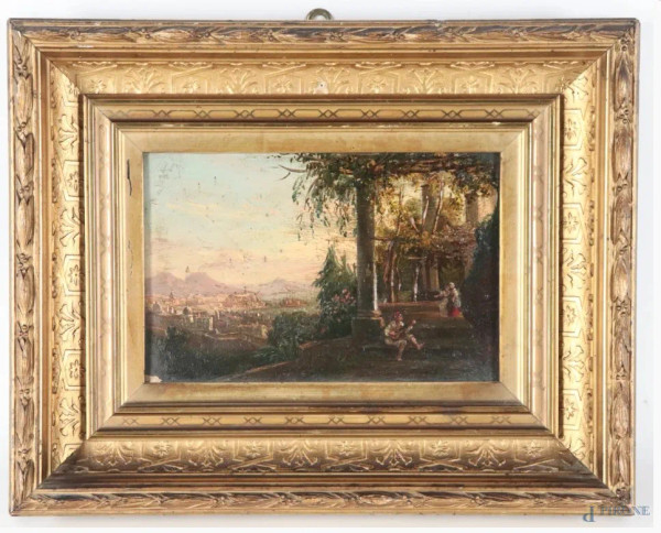 Veduta di Napoli, XIX-XX secolo, olio su cartone, cm 14x21, entro cornice, (segni di usura, piccole cadute di colore)