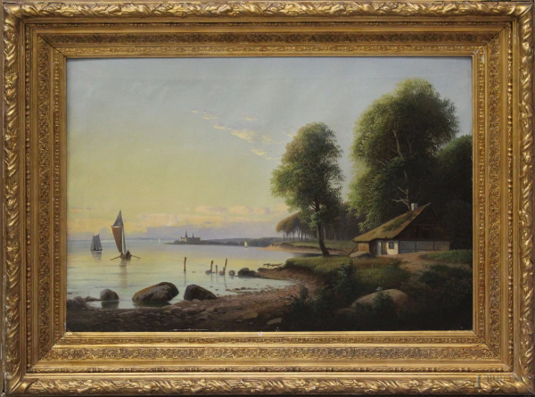 Paesaggio lacustre con imbarcazioni, olio su tela, 65x93 cm, entro cornice