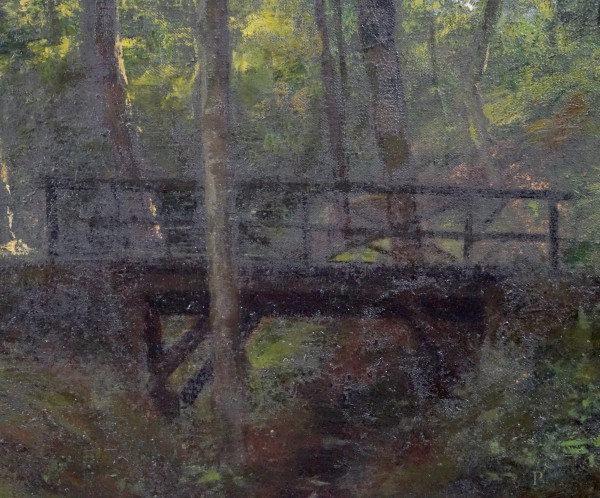 Attr. a Cesare Bertolotti (1854-1932), Bosco, olio su tela, cm 100x97,5, entro cornice