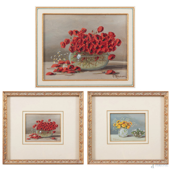 G. Cecconi (XX secolo), Coppia di due dipinti ad olio su cartone raffiguranti vasi con fiori,  cm 9x12, firmati, entro cornice