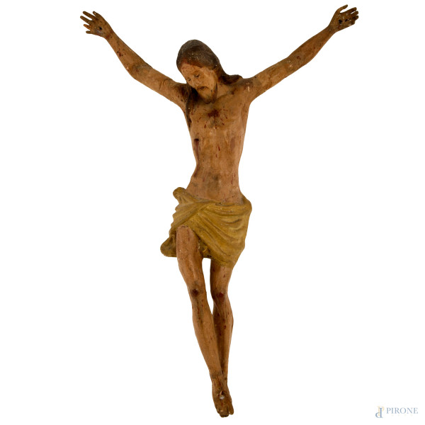 Cristo in papier machè, XVIII secolo, cm 90x60, (difetti, rotture e mancanze)