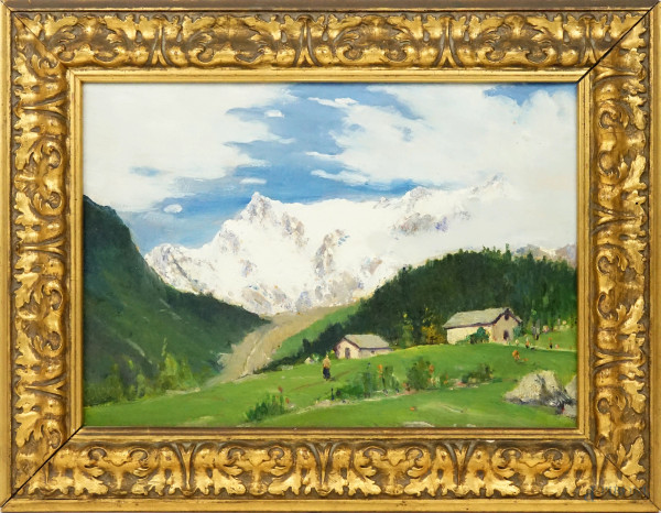 Paesaggio montano, olio su cartone, cm 27,5x38,5, XX secolo, entro cornice.