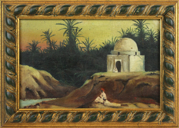Paesaggio orientale con figura, olio su tela riportata su tavola, cm 20x30, firmato, entro cornice.