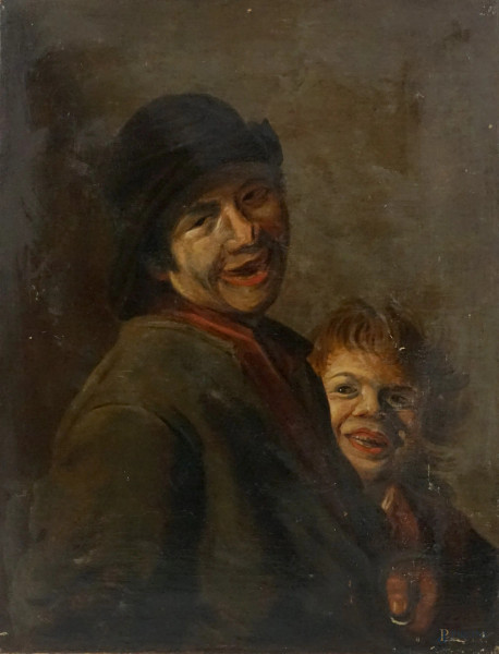 Pittore del XIX secolo, Figure, olio su tela applicata su compensato, cm 66x51, (difetti).