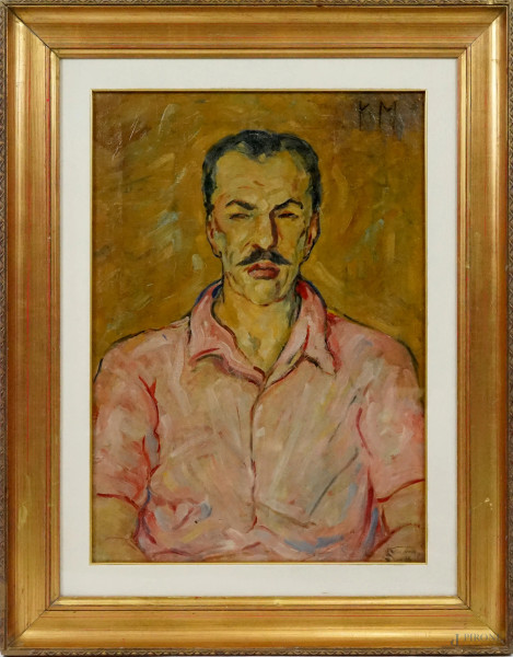 Ritratto d'uomo, olio su tela, cm 70x50, siglato KM in alto a destra, entro cornice.