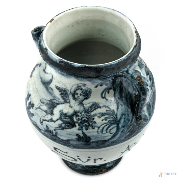 Versatoio da farmacia "Syr Acido Citri" decorato nei toni del blu, XX secolo, altezza cm 25, (dif...