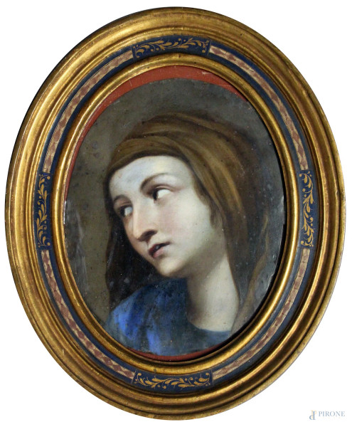 Volto di Madonna, olio su rame ad assetto ovale, XIX sec., cm 22 x 17,5, entro cornice.