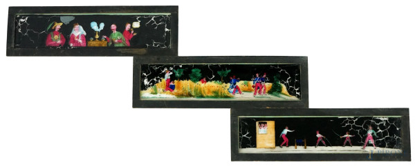Lotto di tre dipinti su vetro raffiguranti scene di genere, personaggi orientali e duelli, cm 8x36,5, XX secolo, (difetti).