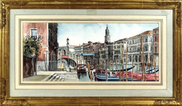 Saverio De Bello - Venezia, acquarello su carta, cm 21x48, entro cornice.