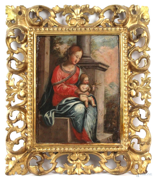 Pittore manierista, Madonna con Bambino su sfondo architetture e paesaggio, olio su tavola, cm. 24,5x17,5, entro cornice.
