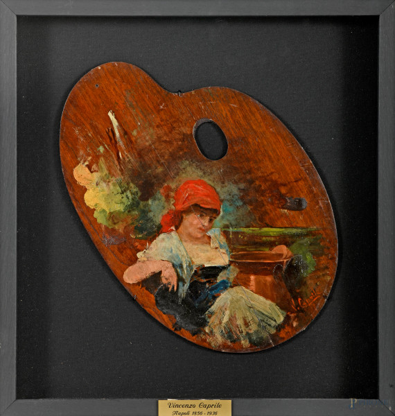 Ritratto di fanciulla, olio su tavolozza da pittore, cm 31x27, entro cornice, XX secolo, firmato in basso a destra, (difetti)