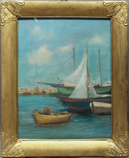 Marina con barche, dipinto ad olio su tavola, firmato, cm 49 x 39, entro cornice.