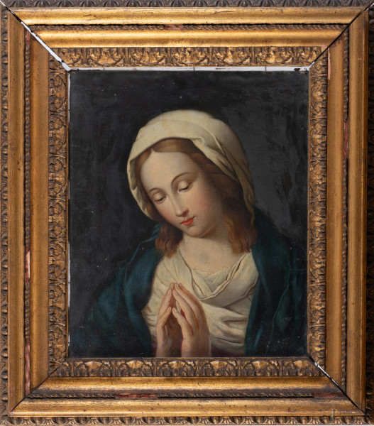 Vergine (da Giovan Battista Salvi detto il Sassoferrato), XIX secolo, olio su cartone, cm 39x32, entro cornice, (supporto imbarcato, abrasioni, sollevamenti di colore, difetti)